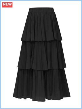 Chiffon Tiered Ruffle Maxi Skirt High Waist A-Line Flared Pleated